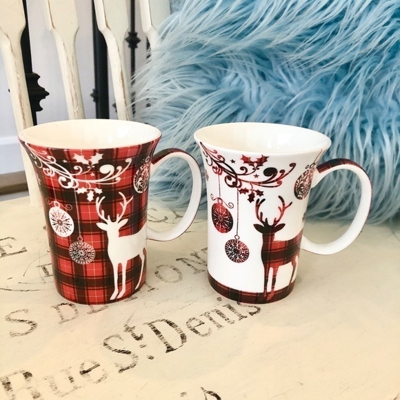 McIntosh, Fine Bone China, Coffee Mugs, Holiday Reindeer, Set of 2, Never Used - Picture 3 of 16